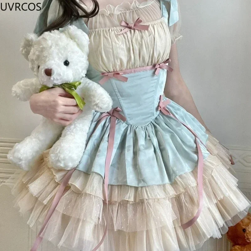 Wiktoriańska słodka sukienka Lolita kobiety Kawaii Bowknot drukuj Ruffles Party Mini sukienki japoński Vintage elegancka siateczkowa sukienka księżniczki