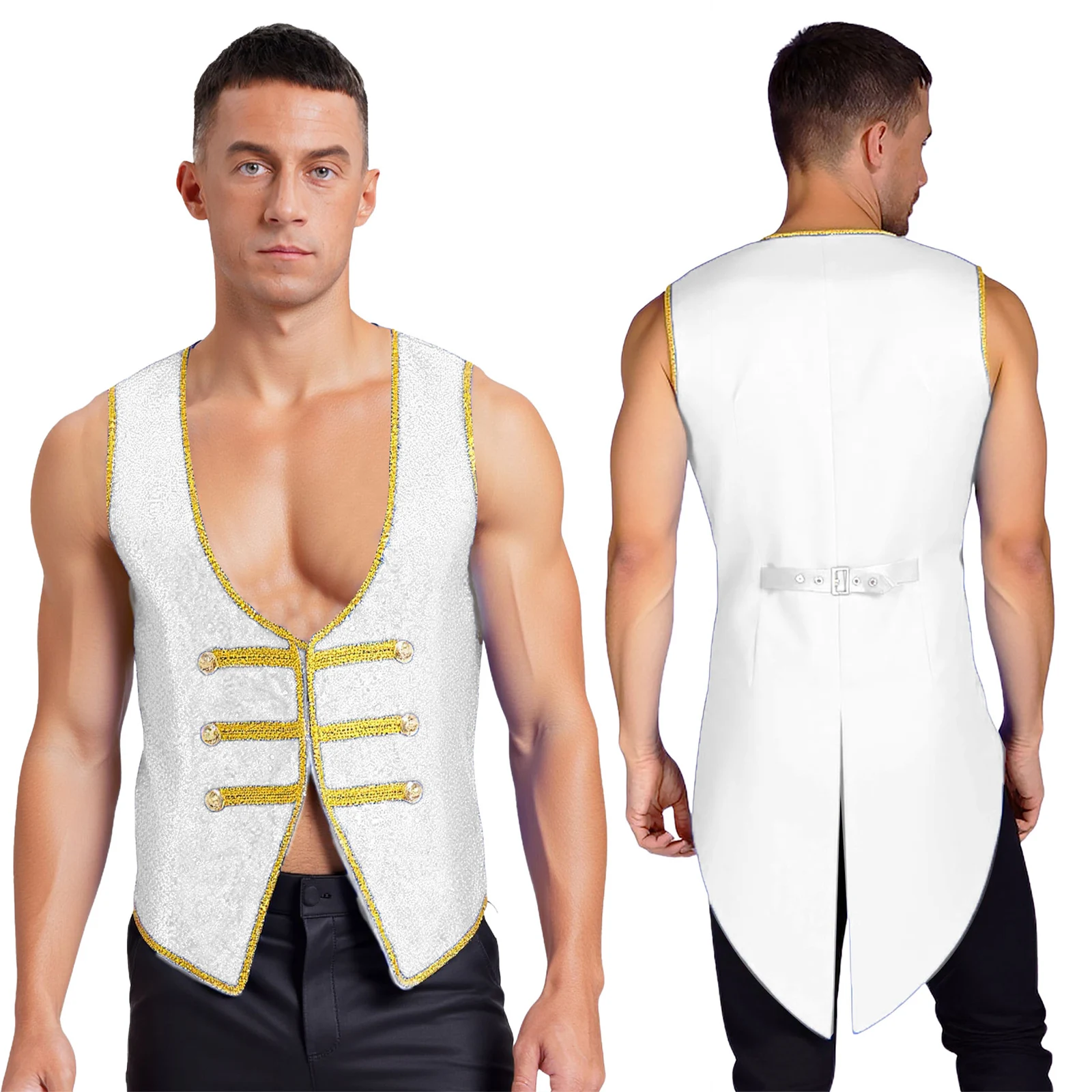 

Men Sequins Circus Ringmaster Magic Performance Tailcoat Vest Sleeveless Jacket for Halloween Theme Party Role-Playing Outfits