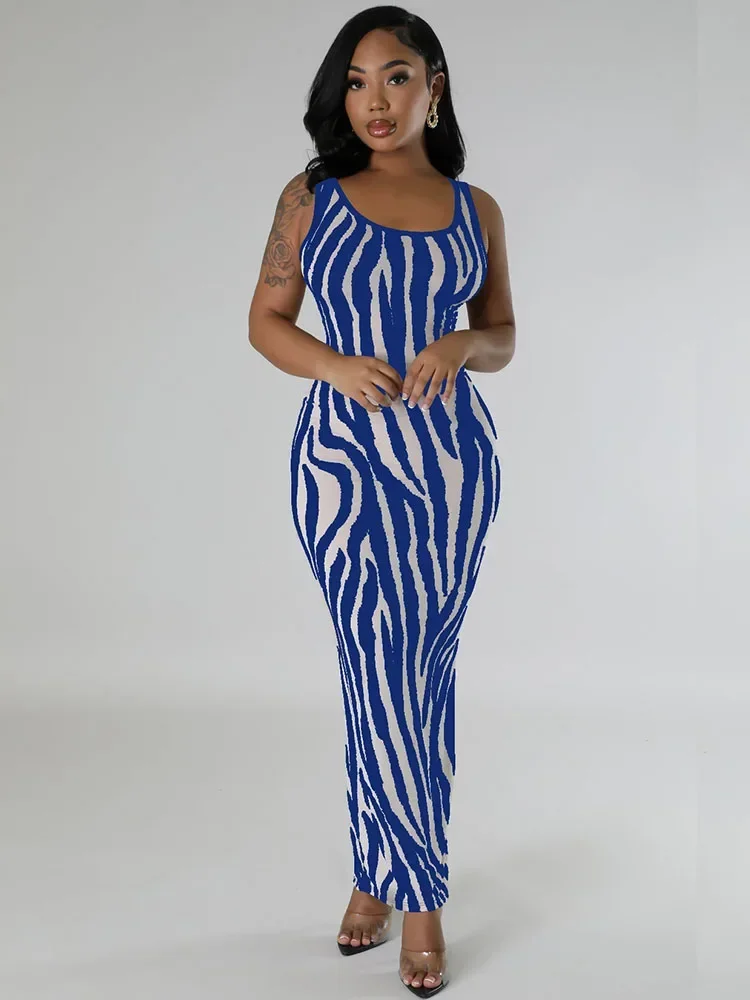 Sexy Zebra Stripes Bodycon Maxi Dress Women Party Club Elegant Hollow Out Ruched Tank Sleeveless Long Dresses Vestidos