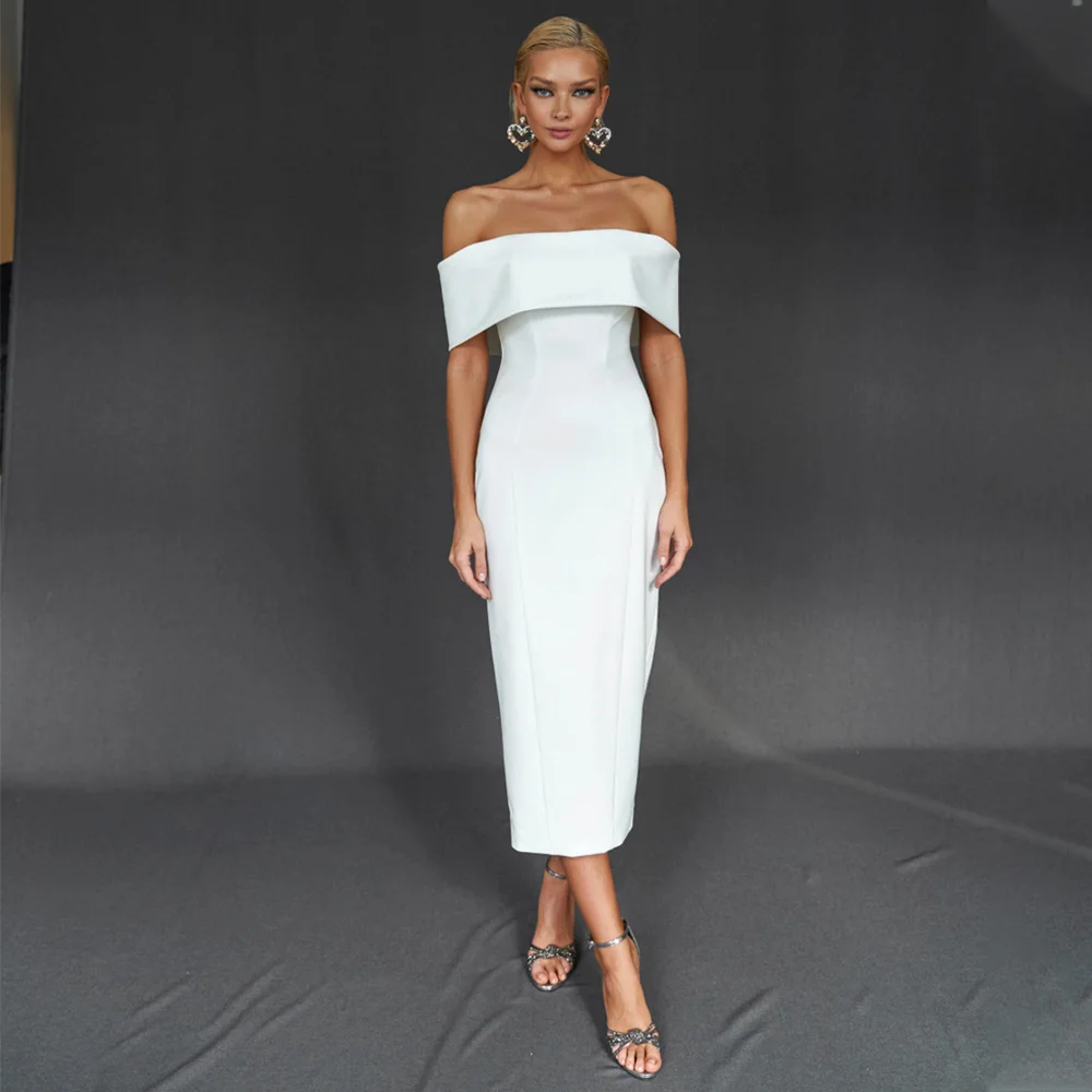 

Midi Wedding Dress Simple Off the Shoulder Sheath/Column Wedding Gown For Women 2023 Bride Backless Short Bridal Reception Dress