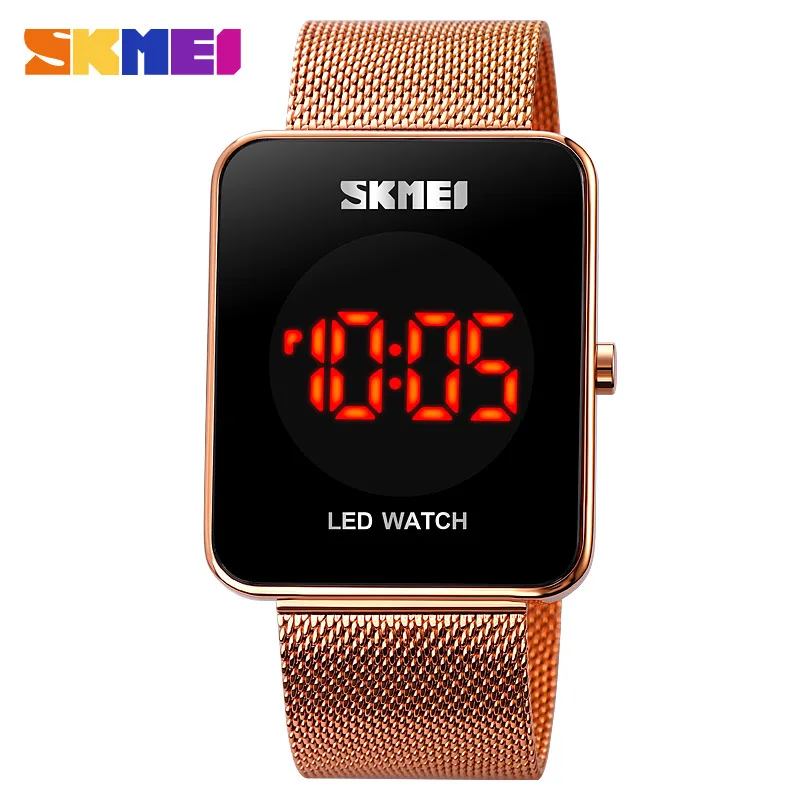 Skmei Time Meishi Red LED Light Student Electronic Watch Square Stainless Steel Mesh Strap Watch for Teenagers