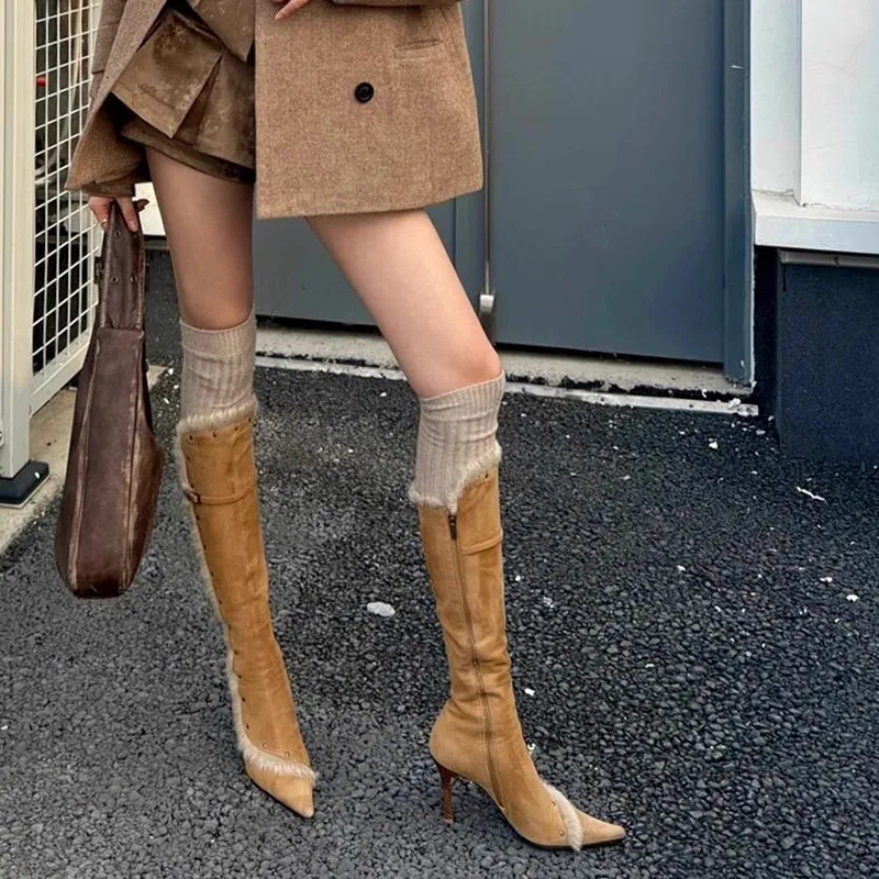 

Fashionable Pointed Toe Long Tube Motorcycle Boots Women's High Heel Side Zipper Slimming Sexy Girl Autumn Winter New Arrival