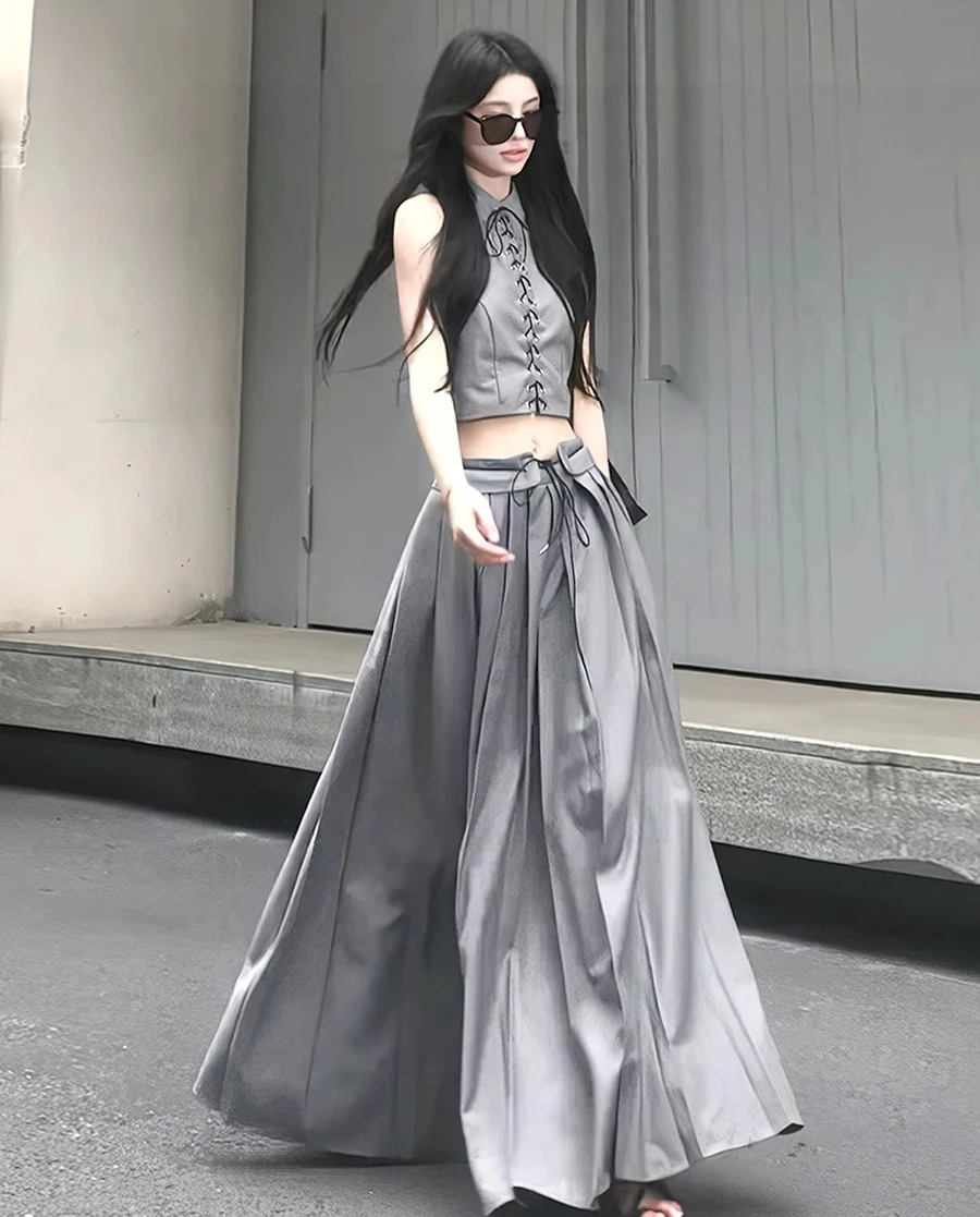 

2 Pieces Set , Summer Women Fashion Sleeveless Lace Up Grey Vest High Waisted Plated Long Skirt Set , Woman Designer Skirts