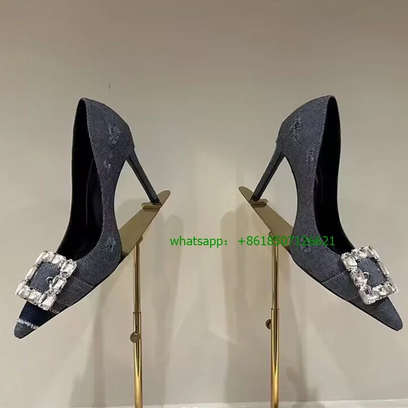 Denim Rhinestone Pointed Slip-On Pumps 12cm Super High Heel Stiletto High Quality High Heels Ladies Shoes