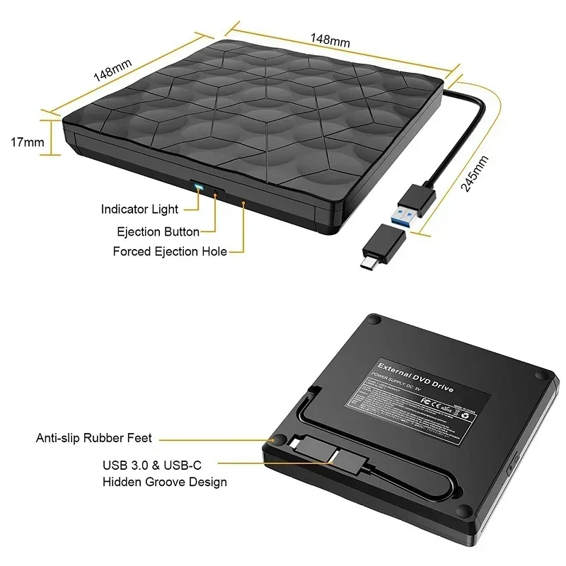 External DVD Video Player USB3.0 Type-C CD VCD Burner and Reader for Laptop Desktop PC Mac Windows Linux iOS Media Audio Players