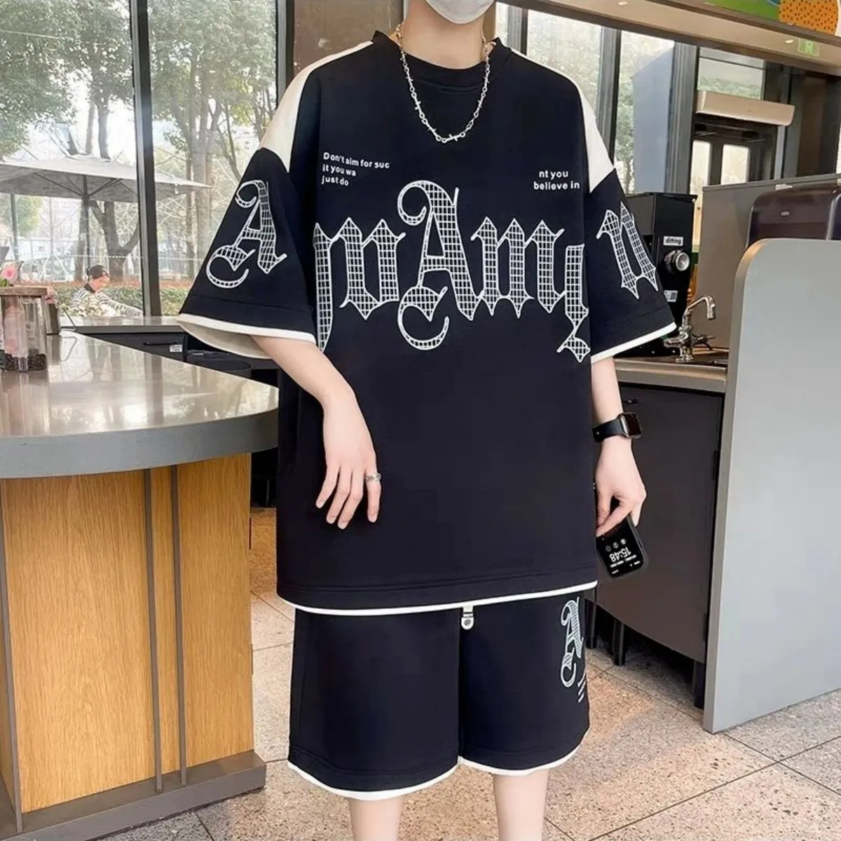 Men's fashion personality letter printed short sleeved shorts two-piece set outdoor sports breathable T-shirt set