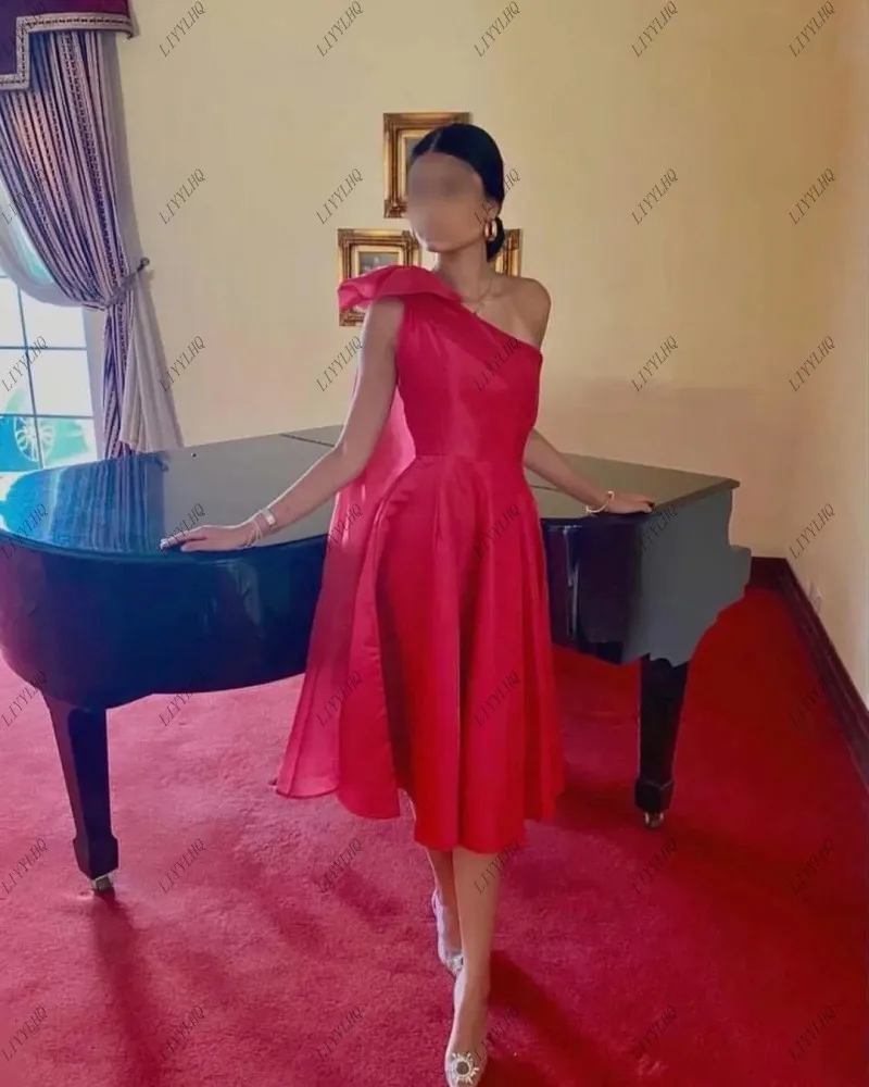 LIYYLHQ Red Simple A-Line Homecoming Dresses One-Shoulder Sleeveless Pleated Tea-Length Saudi Arabia Midi Party Gown Prom Gowns