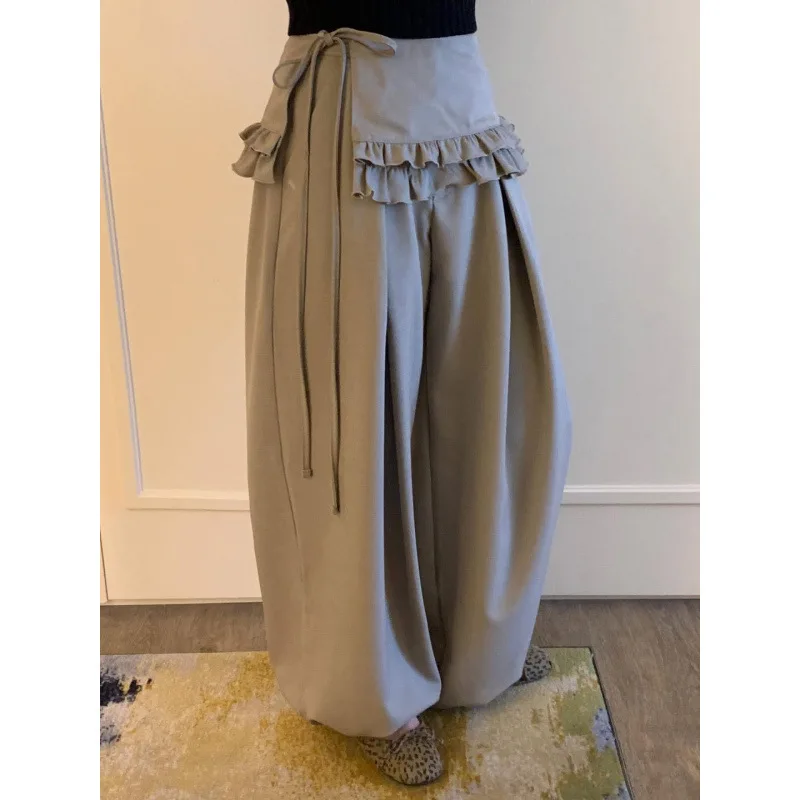 

Niche Design Age-reducing Fungus Edge Strap Fart Curtain and Two-wear Tied Feet Loose Wide-leg Pants Trousers