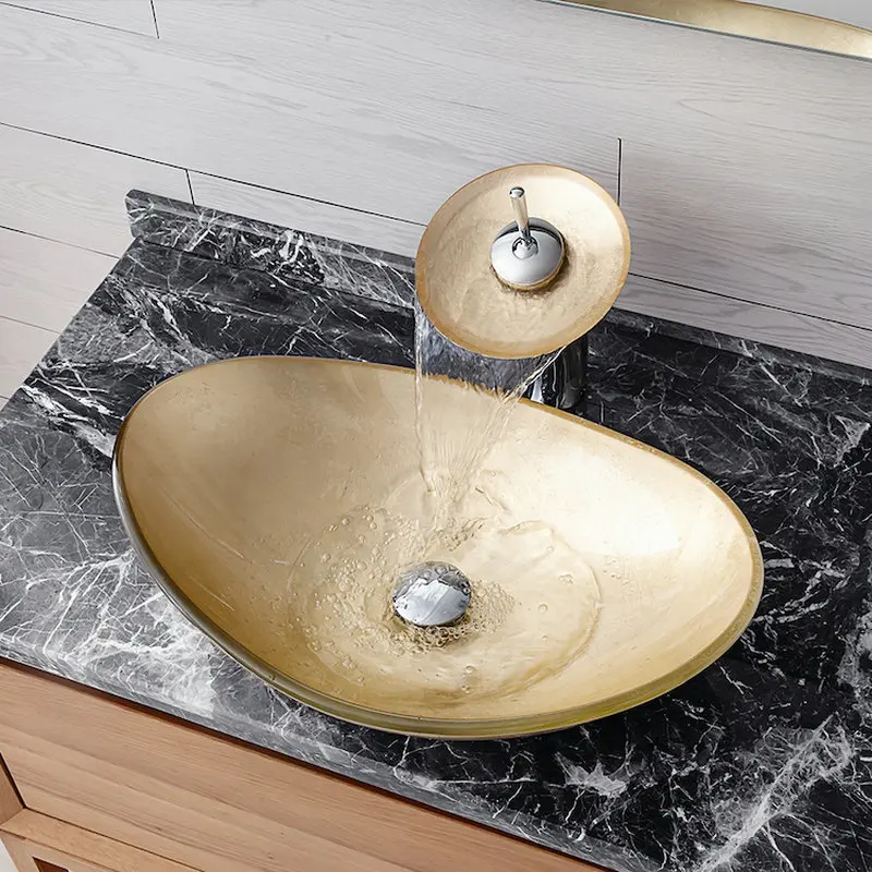 

Light luxury gold tempered glass countertop basin, square household washbasin, simple circular artistic washbasin GN662SQ