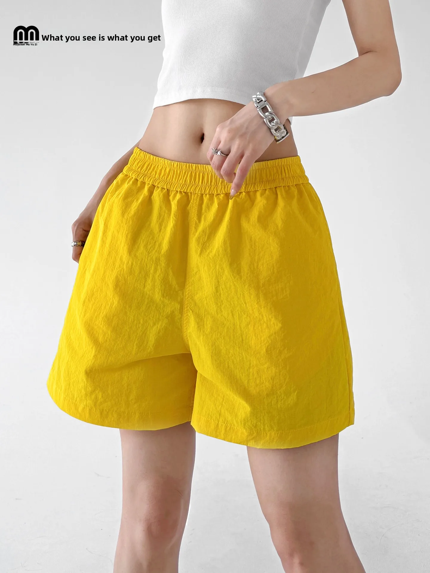 

Yellow Casual Sports Shorts Women's Fashion High Waist Wide Leg Pants Summer 2026 New Arrival Stylish Comfortable Female