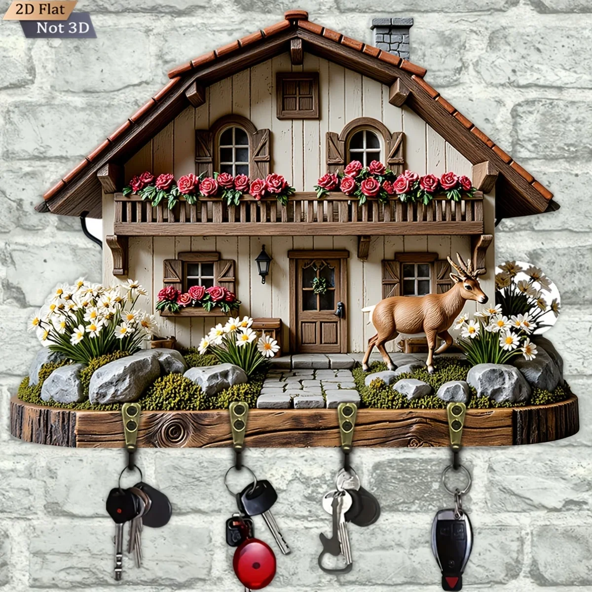 2D Flat, 1pc, Fawn Floral House Shaped Key Hook Wooden Multifunctional Home Key Rack with Four Metal Hooks, Wall Decoration,