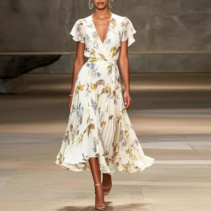 Casual Wrap V Neck High Waist Summer Dress Woman Elegant Floral Print Ruffles A-Line Dress Spring Short Sleeve Boho Long Dresses