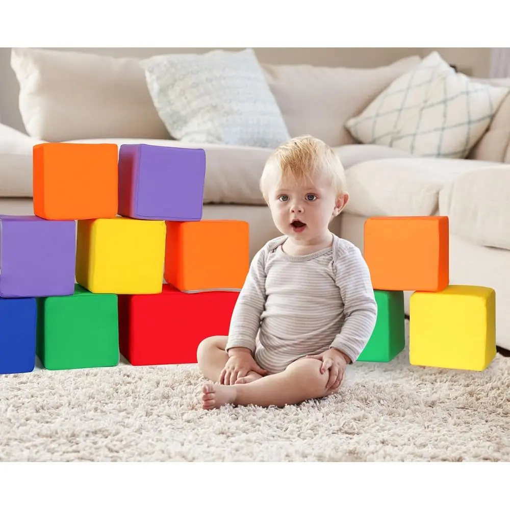 12-Piece Fabric-Covered Toddler Building Blocks Set - Soft, Colorful Stacking Blocks for Kids' Play and Learning - Blue