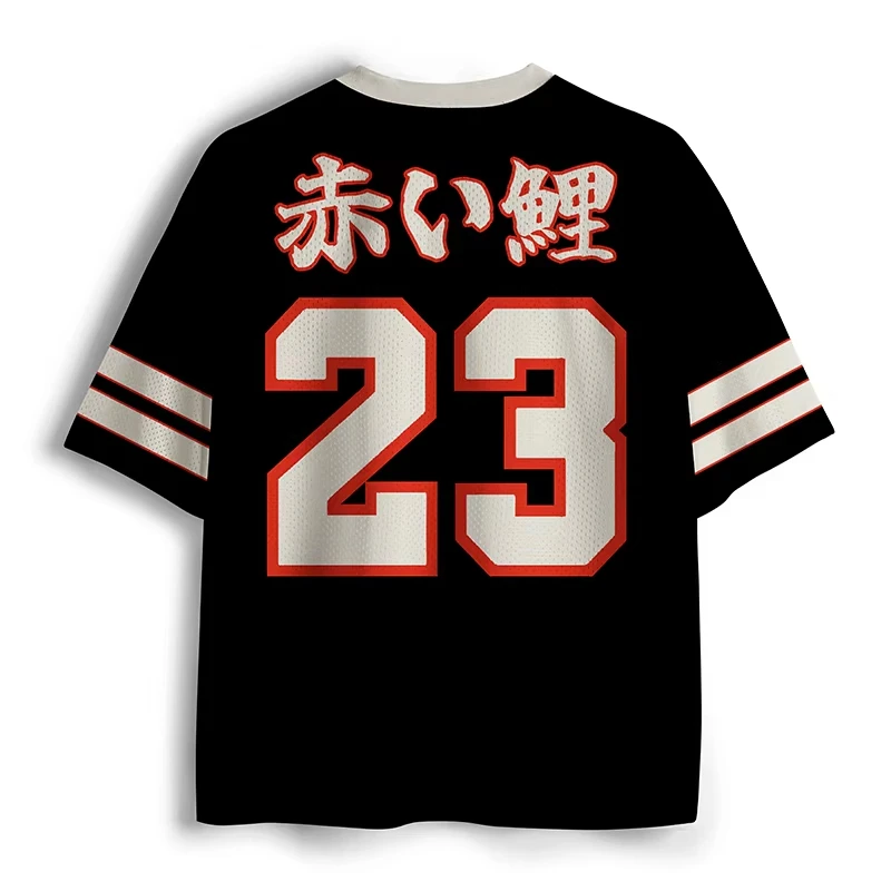 Unisex Quick Dry V Neck Sports Jersey, Japanese Koi Fish Cherry Blossom Print T-shirt, Retro Streetwear Loose Short Sleeve Tops