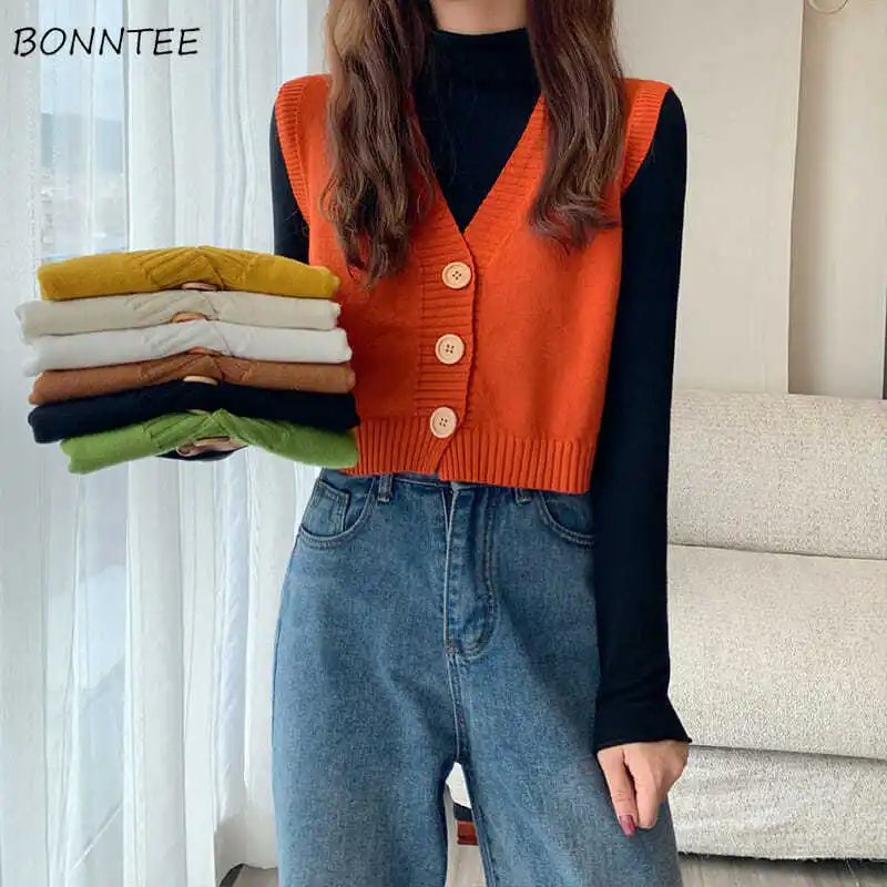 Sweater Vest Women Solid All Match College Loose V-Neck Elegant Sleeveless Single Breasted Lovely Female Ulzzang Popular Basic