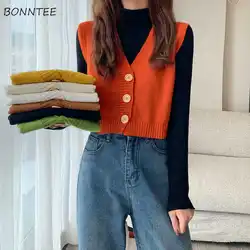 Maglione gilet donna solido tutto fiammifero college allentato scollo a V elegante senza maniche monopetto adorabile femminile Ulzzang popolare di base