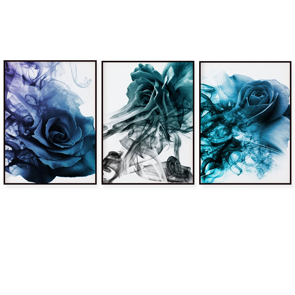 Blue smoke rose prints, blue, green, purple, floral print mysterious, seductive art deco poster canvas gift print