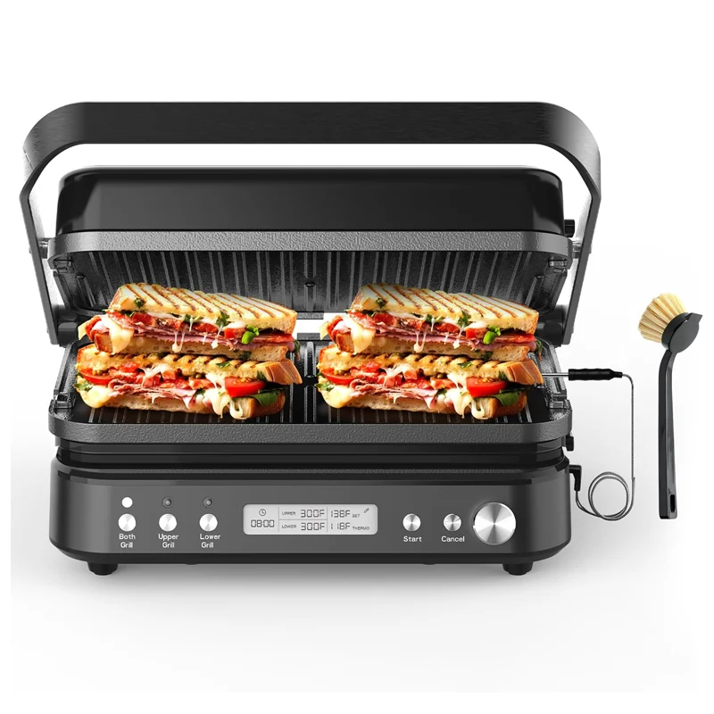 5 In 1 Smokeless Indoor Panini Grill Press Sandwich Maker With Removable Plates, Meat Thermometer, Nonstick Reversible Plates