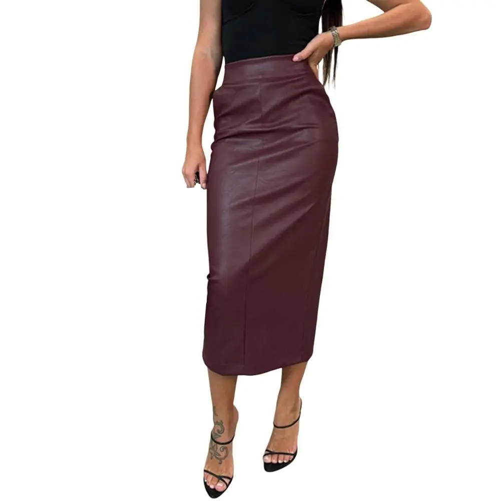 Back Slit Design Midi Skirt Elegant High-waist Midi Skirt Imitation Leather with Back Slit Design for Parties Wear Women's Slim