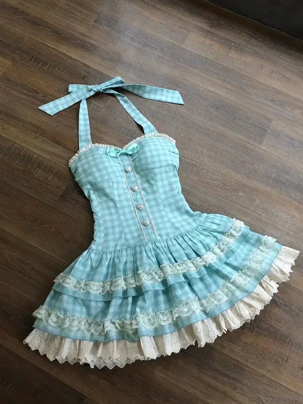 فستان بحزام تنحيف منقوش باللون الأزرق بعقدة على شكل فراشة حلوة للطالبات، تنورة قصيرة برقبة على شكل حرف V، طول الأكمام الكاملة، أصل صيني #2