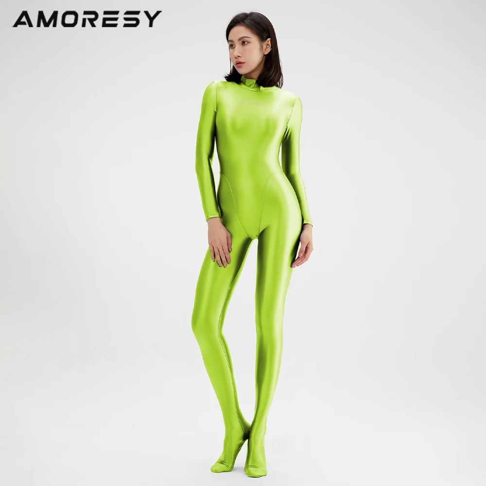 2023 AMORESY baju bermain Catsuit wanita Wetlook Shiny celana ketat Glossy ritsleting Leotards seluruh tubuh jumpsuit Zentai