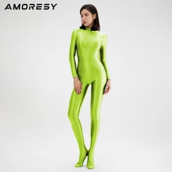 2023 AMORESY vrouwen Catsuit Speelpakjes Wetlook Glanzende Glanzende Panty Rits Maillots Fullbody Overall Zentai Jumpsuits