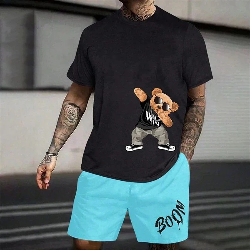 Men's fashion 3D teddy bear printed T-shirt shorts 2-piece set summer breathable fashion breathable quick drying 2-piece set - Image 2