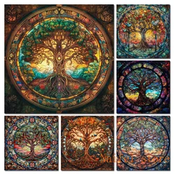 Yggdrasil Stained Glass Diamond Painting Mosaic Tree of Life Abstract Vibrant Diamond Embroidery Cross Stitch Art Mythology Gift