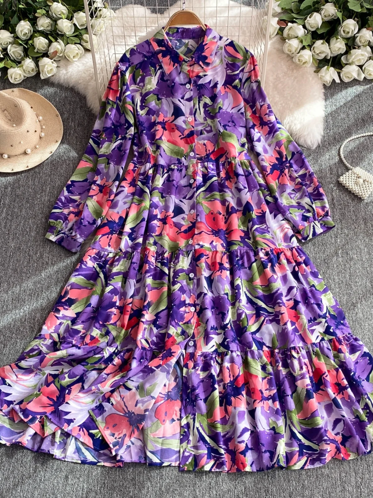 Ele الأزهار طباعة ميدي الدكتور التخسيس طويل Sve الكورية Sle المرأة الدكتور ألف خط تنورة Ele Aosphere صيف جديد Ar... #3