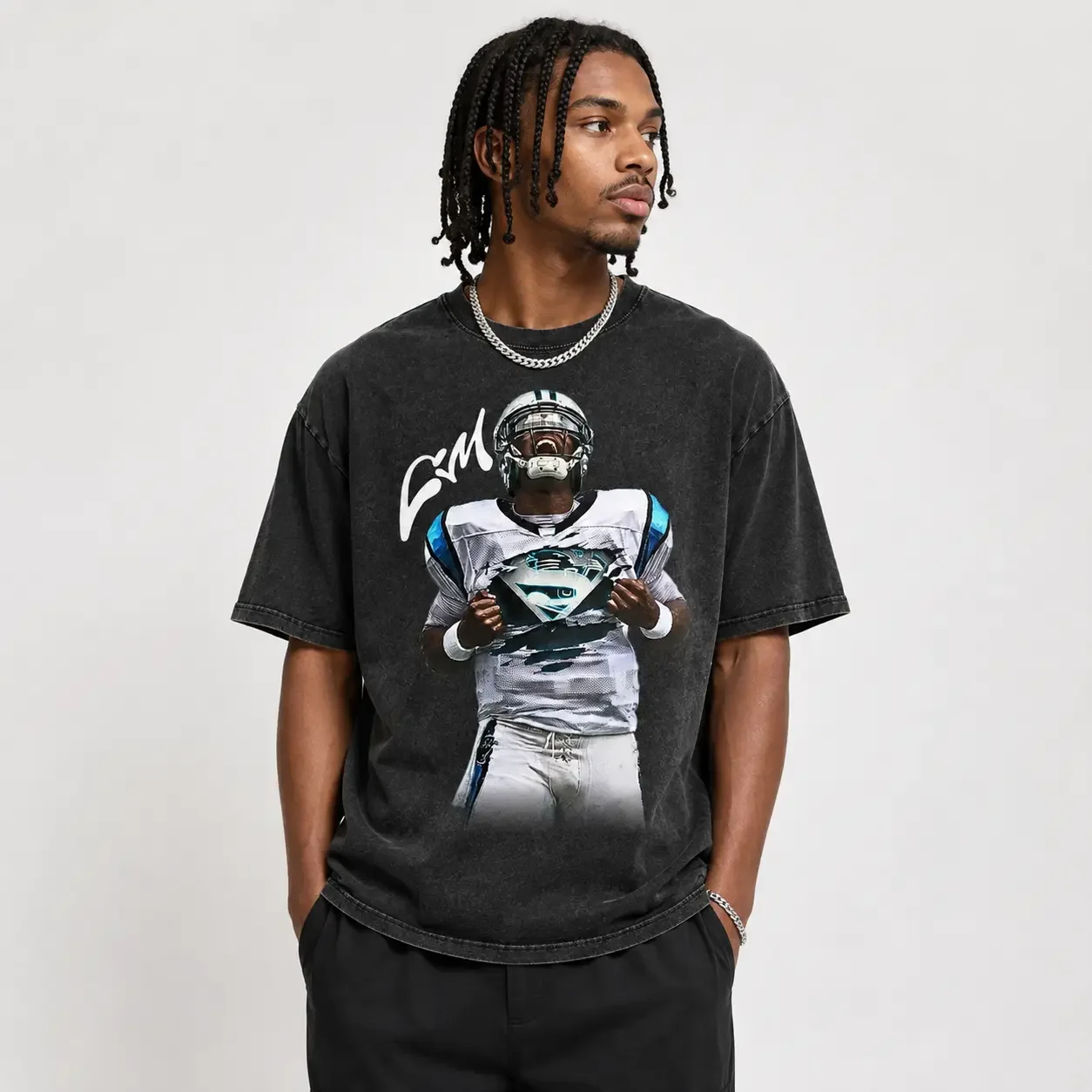Football Player Rip Jersey Super Symbol Portrait Signature Printed Tee, Vintage Washed Black Short Sleeve T-Shirt, Gift For Men Women Football Fans