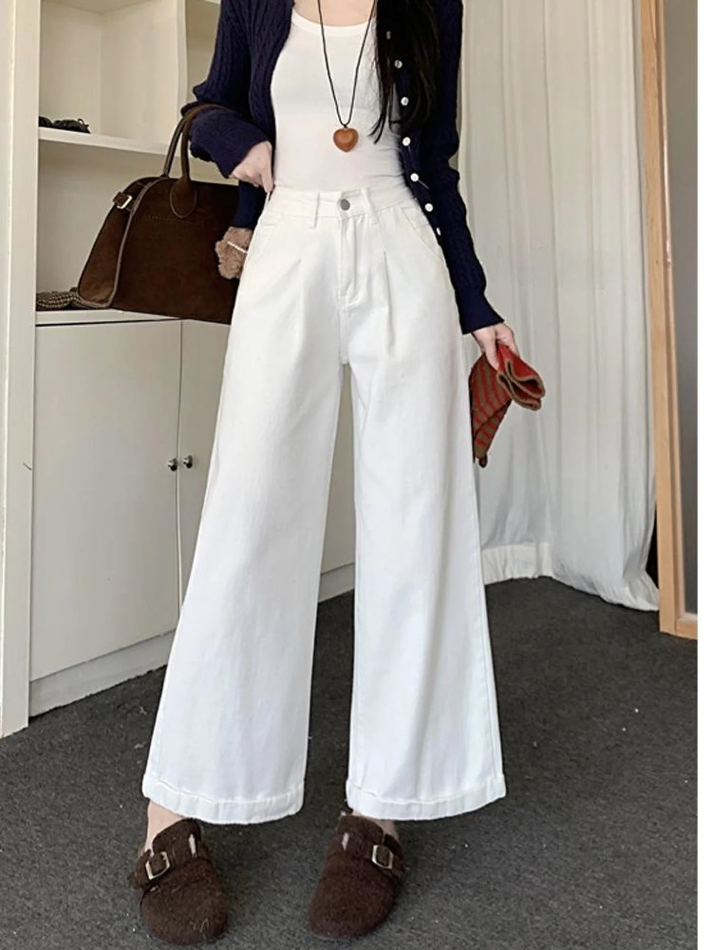 

Spring 2026 High Waist Wide Leg Jeans White Nine Point Pants Women's Faionable Slimming Korean Sle Casual Denim Skinnies