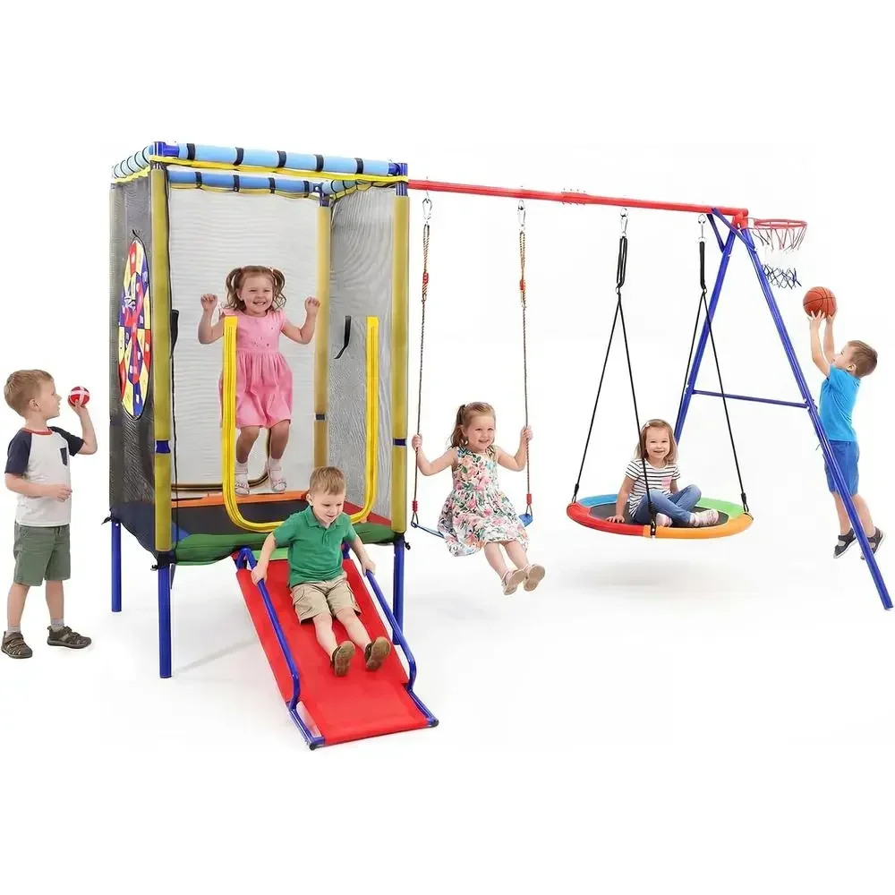 6-in-1 Outdoor Heavy Duty Swing Set with Slide, Saucer Swing, Belt Swing, T-Board, and Basketball Hoop