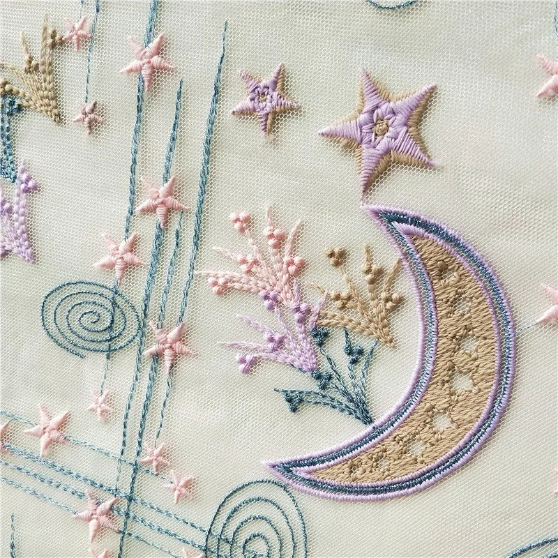 Classic Soft Skin Friendly Cartoon Star Moon Embroidery Lace Mesh DIY Children's Clothing Curtains Background Decorative Fabric