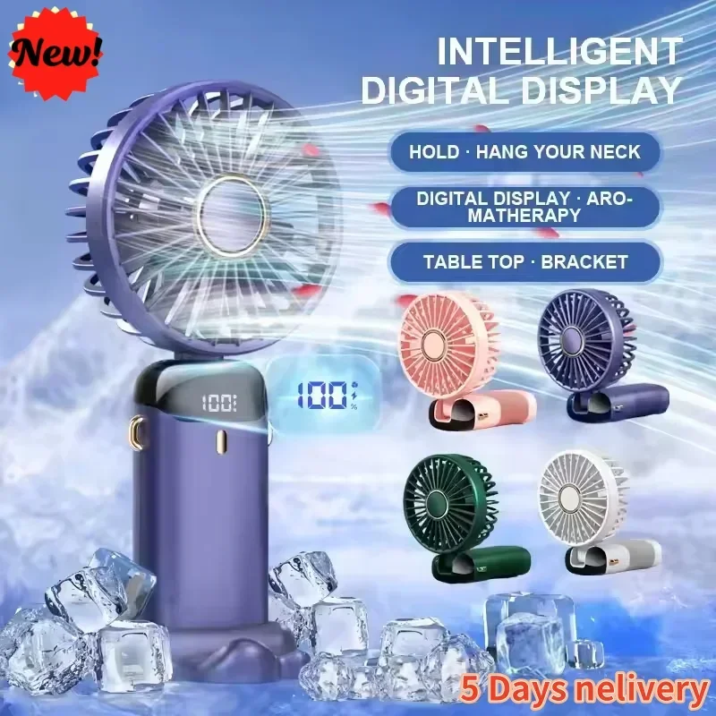 3000mAh Handheld Mini Fan Foldable Portable Neck Hanging Fans 5 Speed USB Rechargeable Fan with Phone Stand and Display Screen