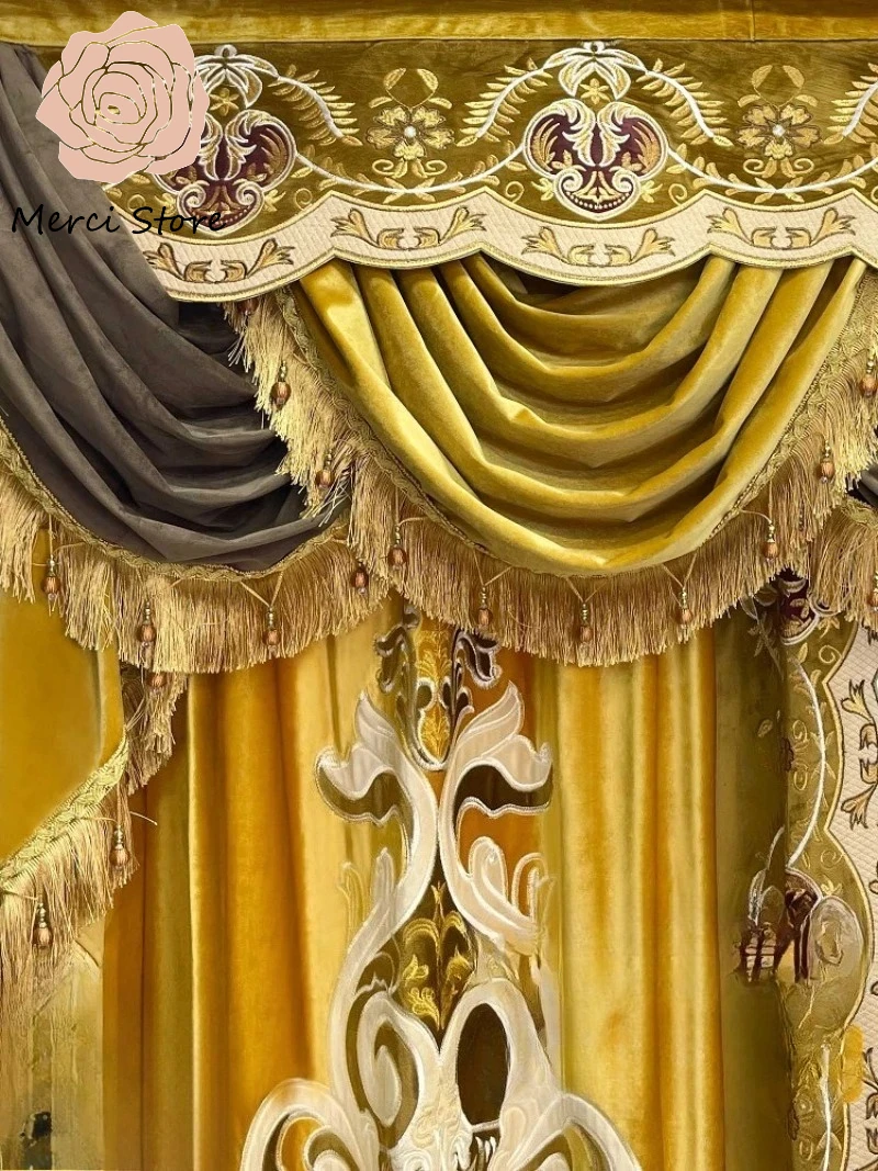 

Luxury Gold Ice Velvet Embroidery European Villa Curtains for Living Room Bedroom French Window with High Head Custom Made