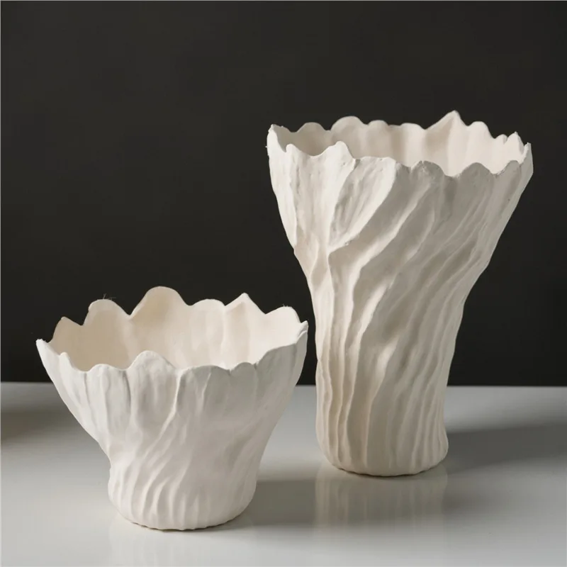 Modern simple white wavy lace vase large diameter ceramic flower arrangement living room home decoration ornament