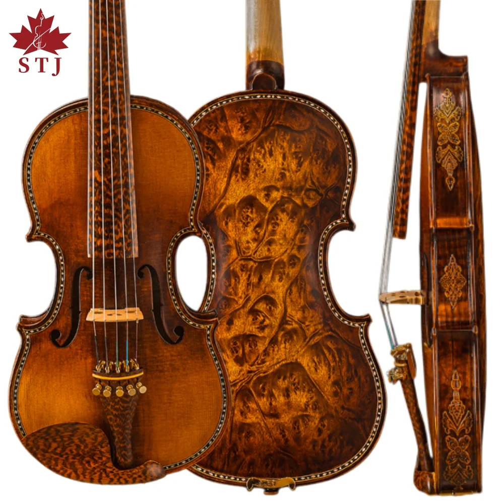 STJ  5 strings 4/4 Violin Bird's eye Maple wood Carved rib neck profession Fiddler One-piece Flame Maple Back