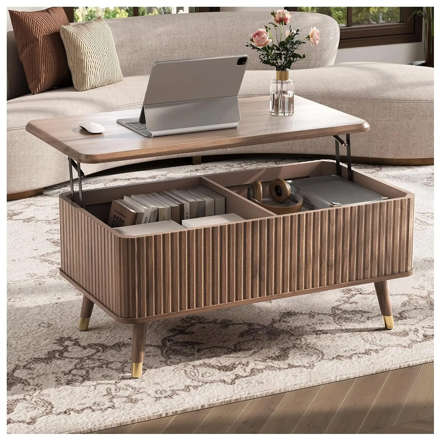 

Lift Top Coffee Table with Storage,Fluted Coffee Table with Lifting Top,Mid Century Modern Center Table with Solid, Customized