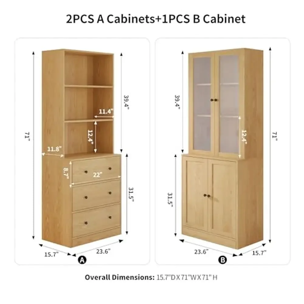 Modern 3-Tier Storage Cabinet with Glass Doors and Drawers Office Kitchen Living Room