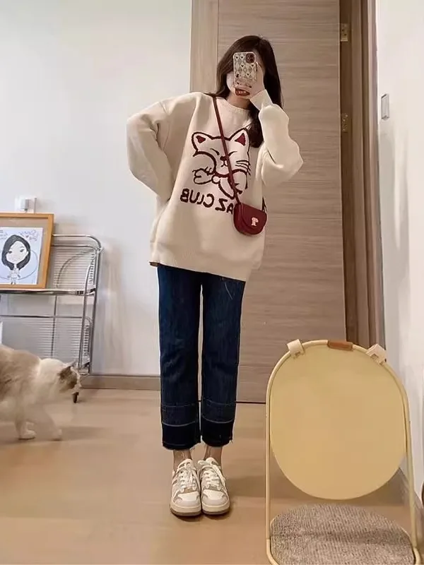 سترة محبوكة كبيرة الحجم للسيدات للخريف بنمط Sle جديد تصميم فضفاض من Thiened ملابس تريكو للنساء #2