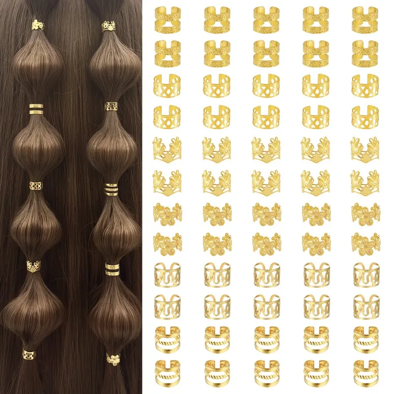 

60Pcs Gold Classic Open Work Dreadlock Rings Set Hair Cuffs for Braids Daily Festival Party Beach Decor Best Gift for Women