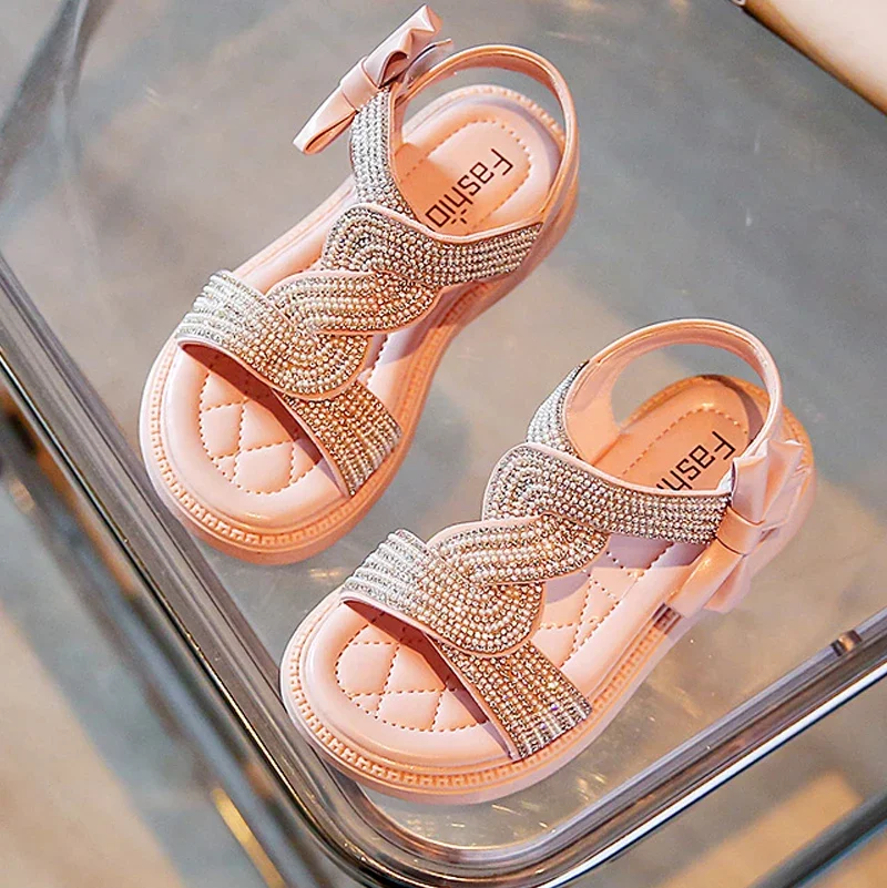 Size 26-36 Summer 2024 Designer Baby Girls Children Platform Sandals Fashion Sequins Rhinestone Princess Shoes Flats Heels Boots