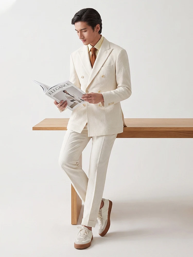 

Men's Seersucker Suit Double Breasted Lightweight Blazer Set Breathable Business Tuxedo Summer Wear Wrinkle Free Fabric
