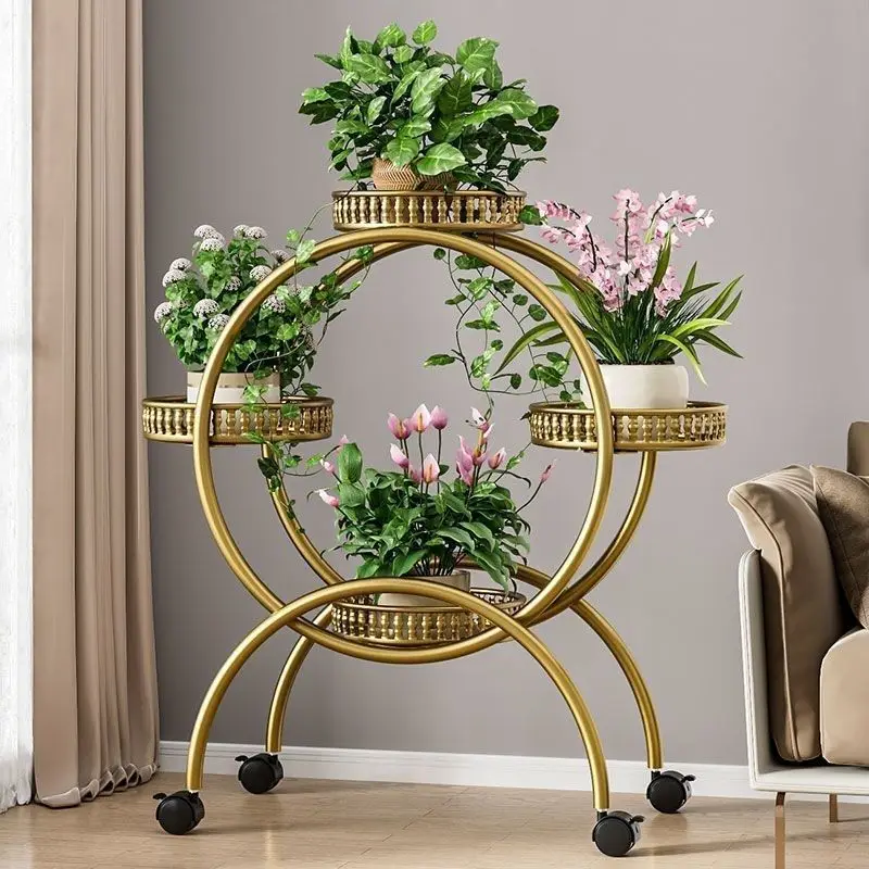 Multi-Layer Wrought Iron Plant Stand On Casters, Movable Floor Flower Shelf, Indoor Balcony Plant Pot Holder for Home