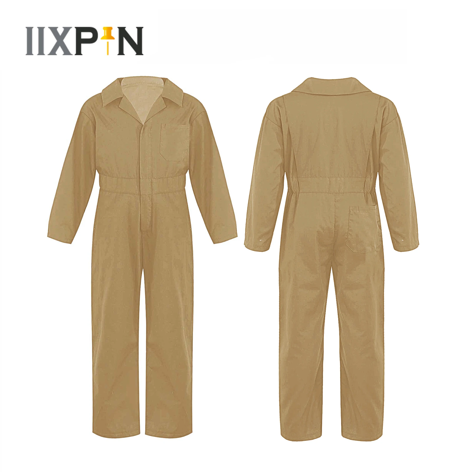 

Kids Boys Girls Cargo Overalls Long Sleeve Turndown Collar Zipper Solid Color Pockets Rompers Korean Style Jumpsuit Streetwear