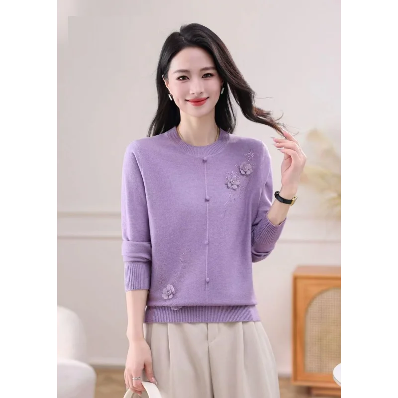 Maglione ricamato alla moda lavorato a maglia nuovo da donna autunnale Top base ampio a maniche lunghe