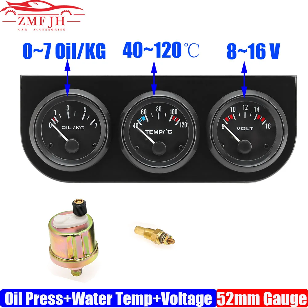 

2" 52mm Triple Meter Car Pointer Oil Pressure Gauge+Water Temperature Meter 40-120℃+Voltage 8-16V for Gasoline Car 12V Custom