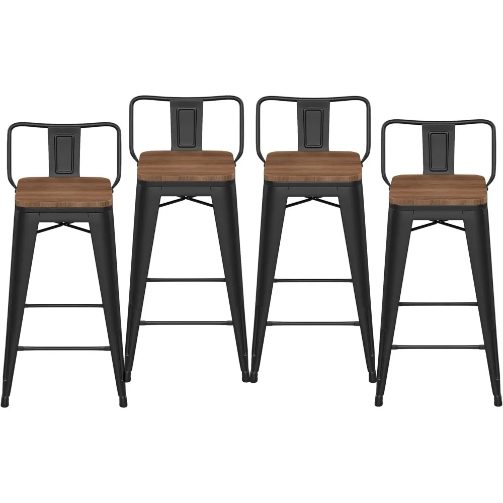 

30" Low Back Barstools Metal Stool with Wooden Seat [Set of 4] Counter Height Bar Stools, Matte Black