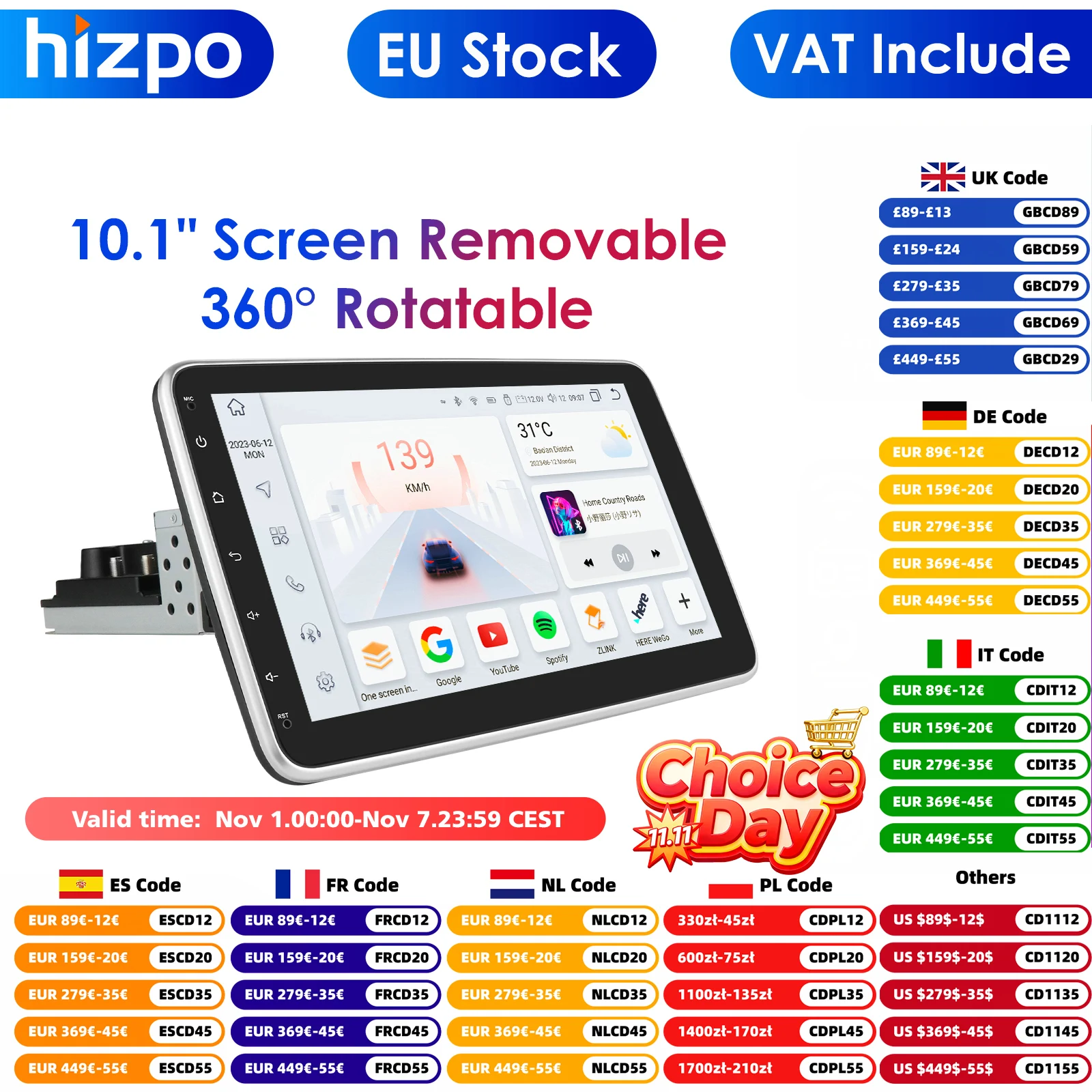 1 Din Android Car Stereo Radio 10.1 Rotate Touch Screen Removable for Universal Carplay GPS Navigation Bluetooth WIFI Autoradio