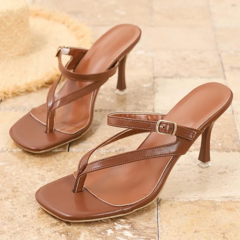 

Women's High Heels Flip Flops Summer Footwear Square Toe Heeled Slippers Belt Buckle Designer Mules with Heels Fashion Slides